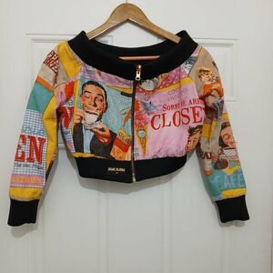 Shay kawaii womens small cropped newspaper printed jacket pink art wear silk